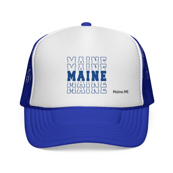 Stacked MAINE Blue Words Trucker Caps