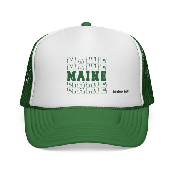 Stacked MAINE Green Words Trucker Caps